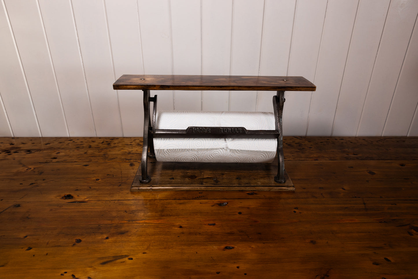 Kitchen Towel Holder With Shelf | Cast Iron | Wood
