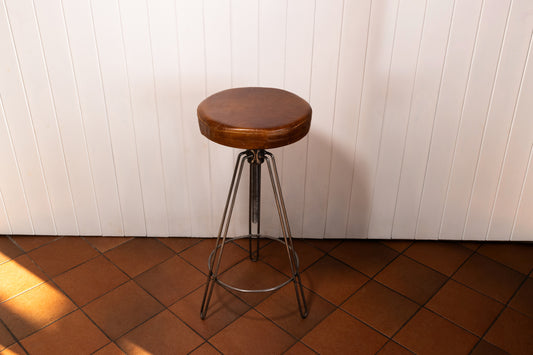 Leather and Cast Iron Bar Stool